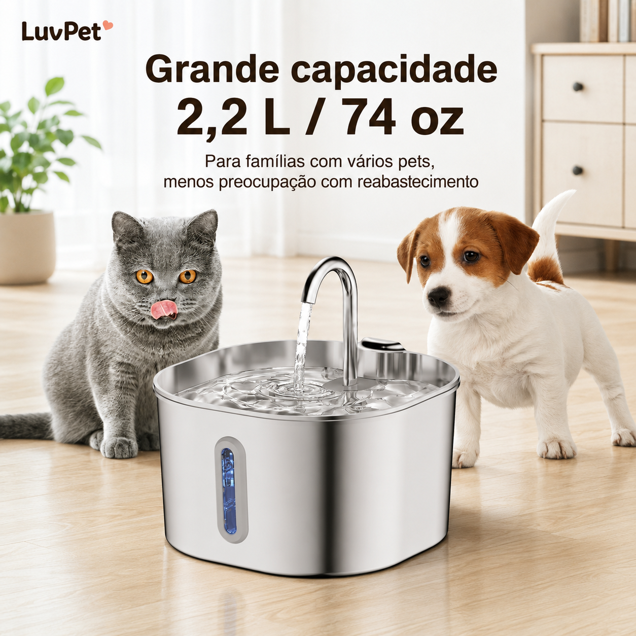 Fonte Bebedouro Pet em Aço Inoxidável 2,2 L com Filtro e Bomba Silenciosa