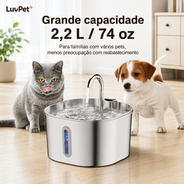 Fonte Bebedouro Pet em Aço Inoxidável 2,2 L com Filtro e Bomba Silenciosa