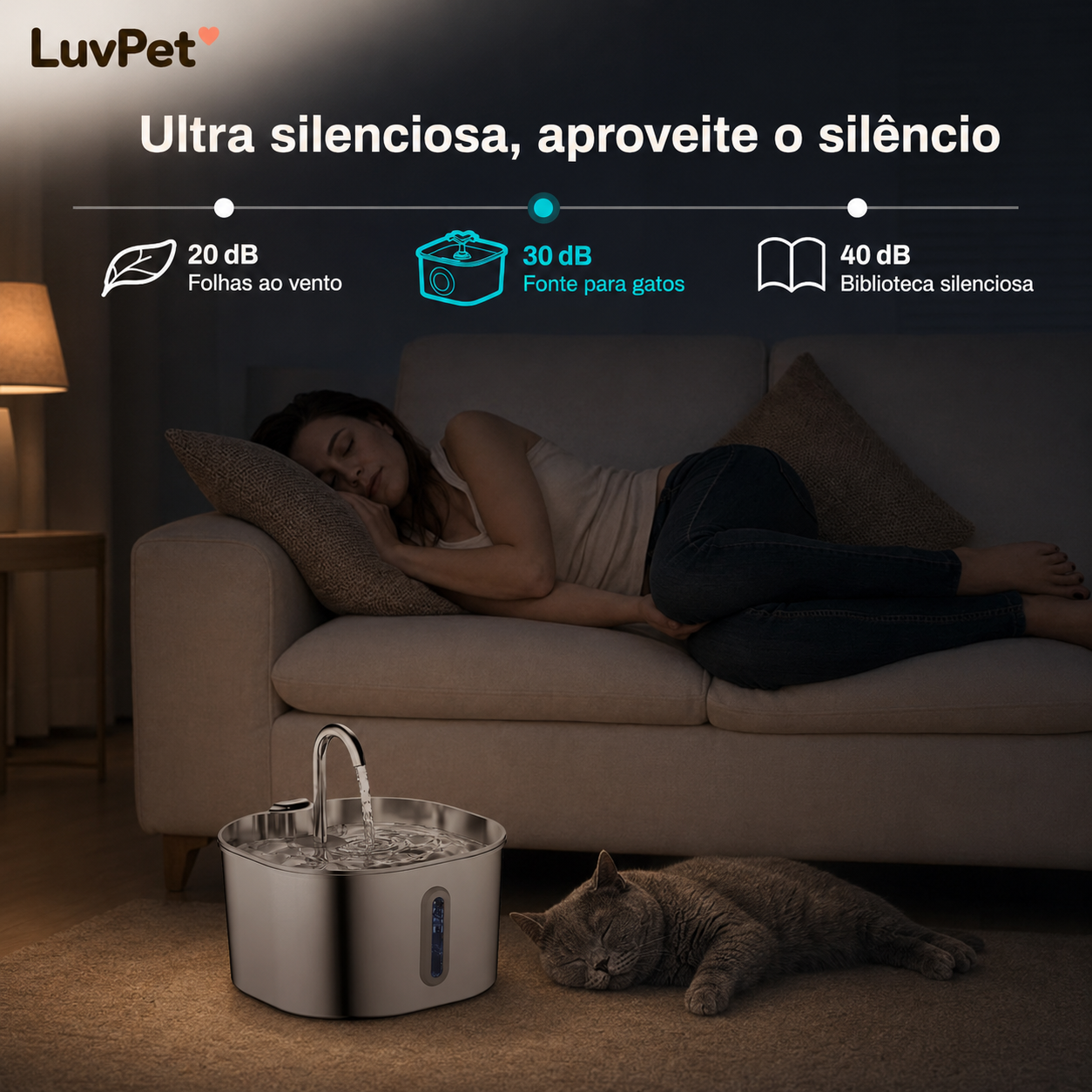 Fonte Bebedouro Pet em Aço Inoxidável 2,2 L com Filtro e Bomba Silenciosa